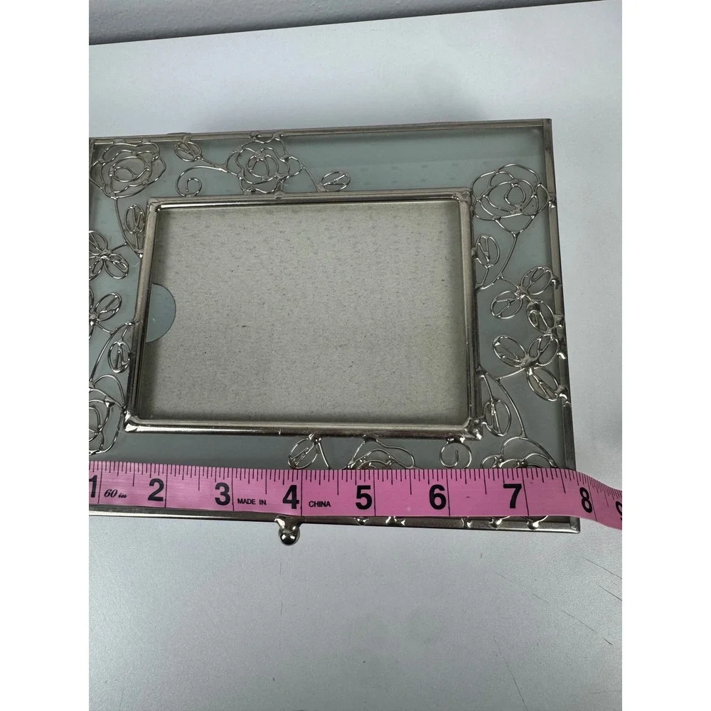 Vtg Frosted Glass Trinket Box Silver Rose Filigree Picture Frame Jewelry